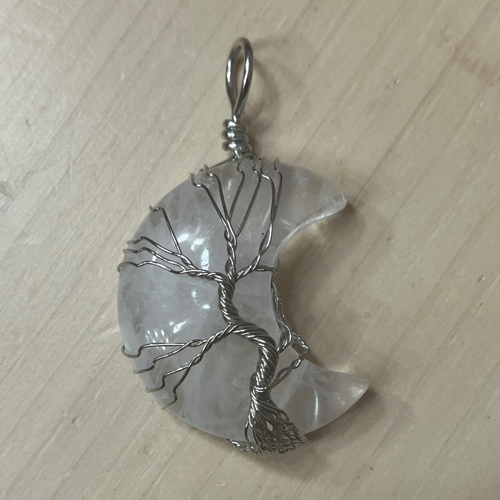 Silver Wire-Wrapped Tree of Life White Crystal Crescent Moon Necklace Pendant